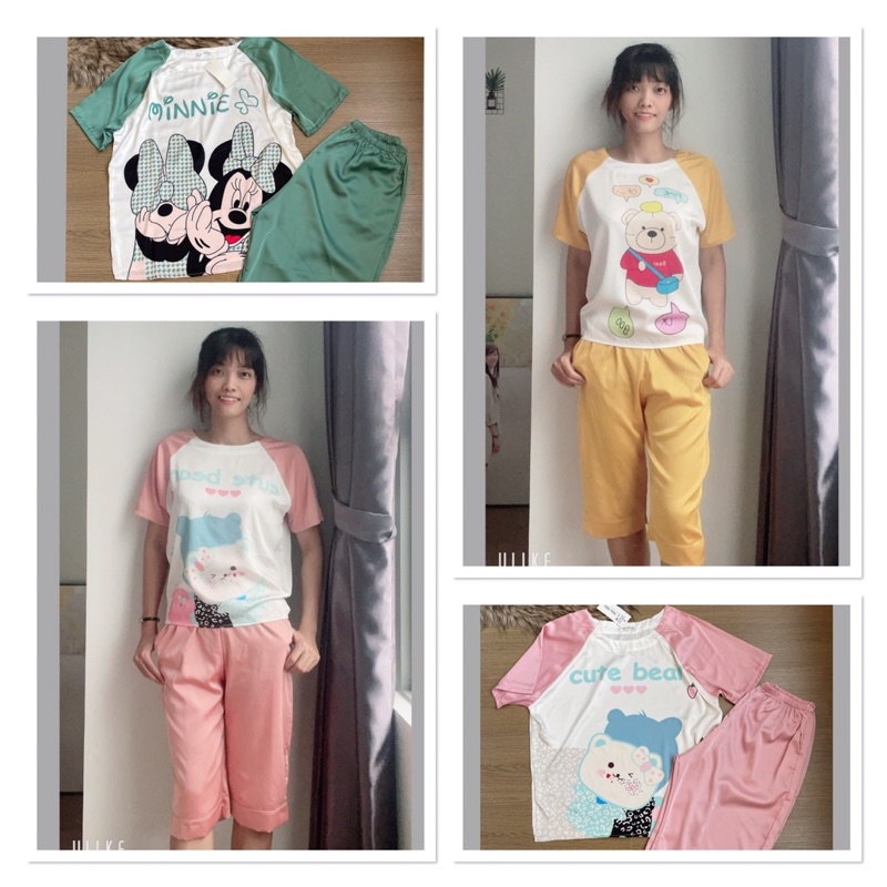 Đồ Bộ Lụa lửng latin cổ tròn cộc tay *siêu cute* nhé. Hình và mẫu chụp là ẢNH THẬT 100%