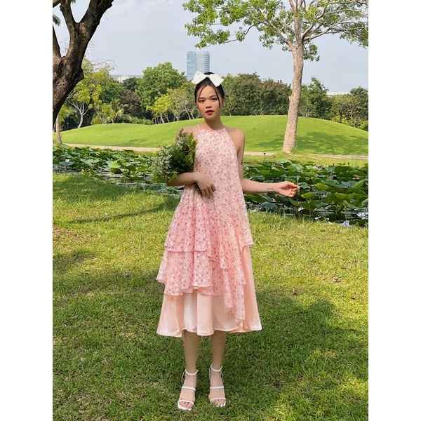 Meline dress - Đầm hồng form yếm voan hoa phối phi - Somalyng.studio