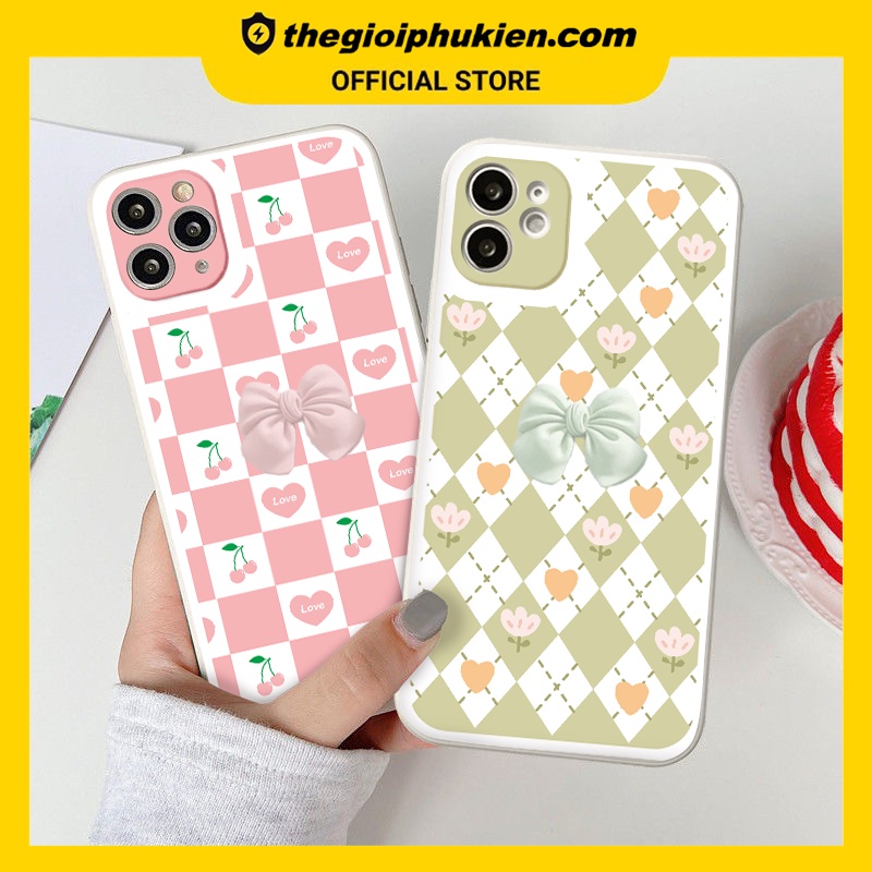 Ốp iphone - Ốp lưng iphone cạnh vuông viền camera nơ cherry dành cho ip 6 đến 14promax - G50