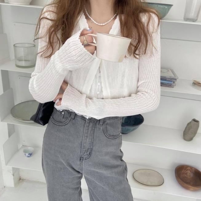 Áo ren hai dây croptop nữ kiểu ngắn kèm áo khoác cardigan len tay dài - Order taobao quảng châu