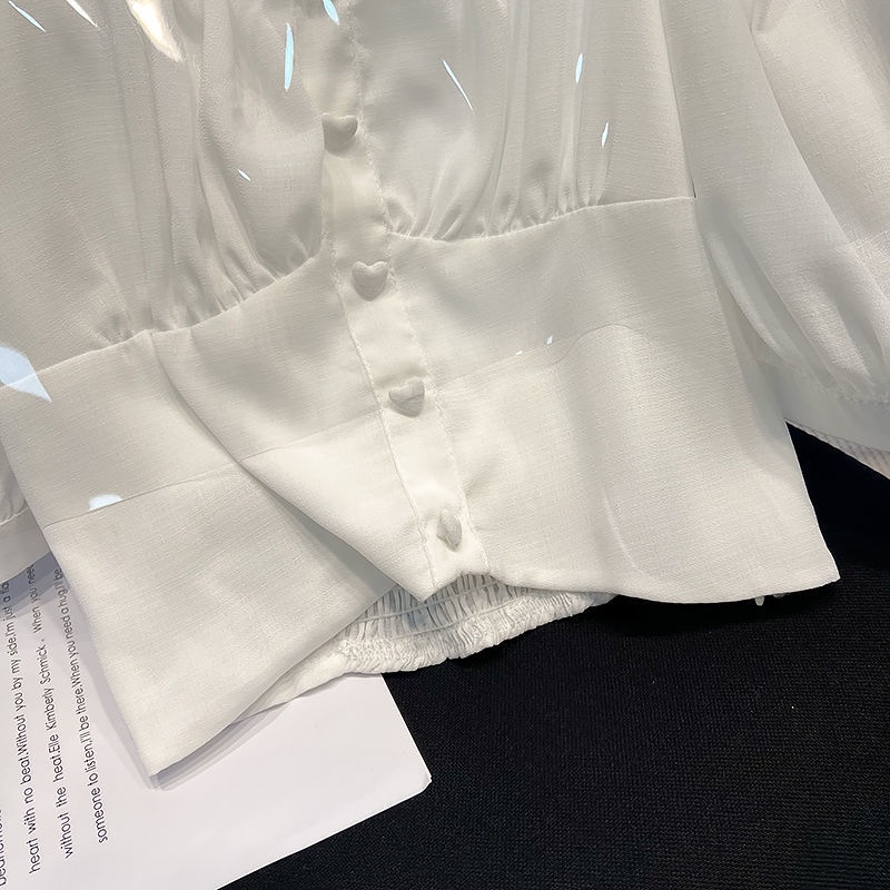 Áo Sơ Mi Tay Ngắn Phồng Cổ Vuông Màu Trắng Thiết Kế Không Đồng Đều Thời Trang Mùa Hè Mới Cho Nữ