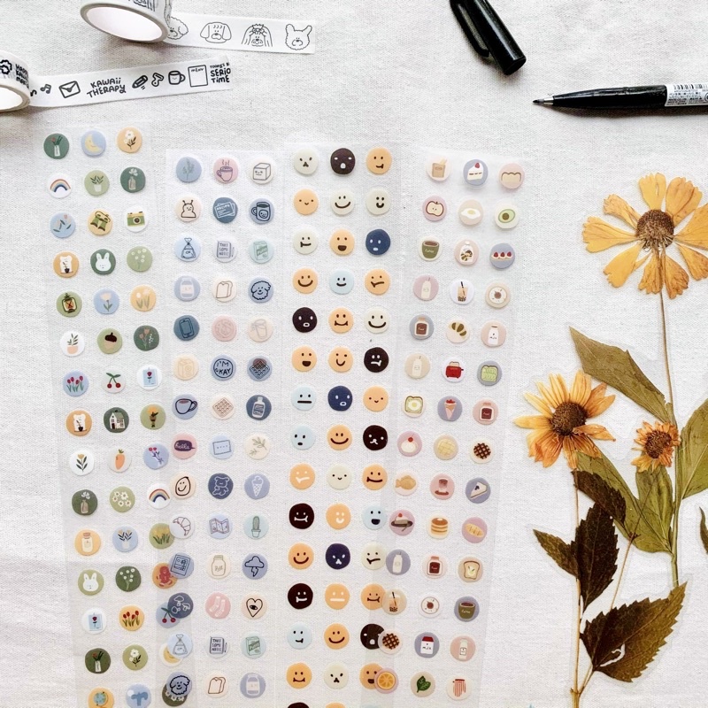 Dây Sticker dot hoạ tiết Emoji Nhựa Dẻo Trong - Dải Hình Dán Nhựa hình mặt cười trái cây cà phê hoa floral