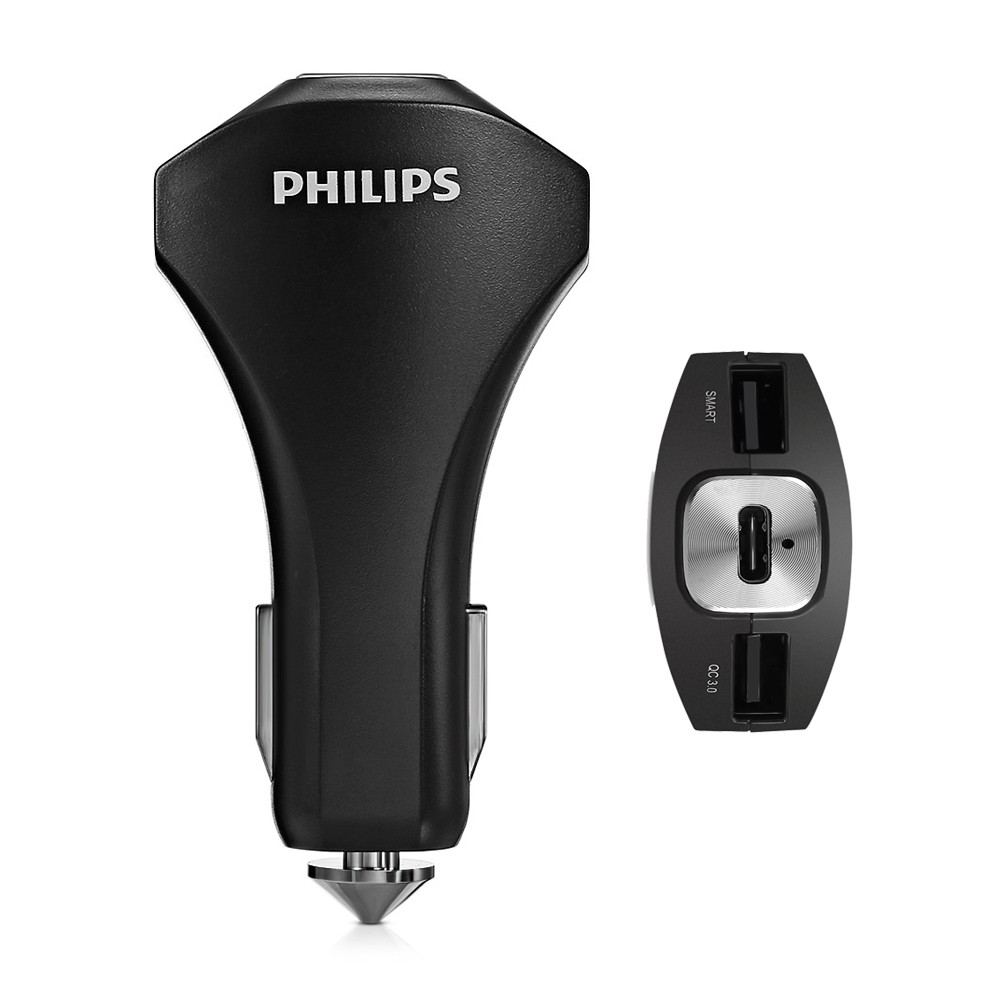 Bộ Sạc Xe Hơi Philips DLP2012 Quick Charge 3.0 cổng USB-C, Tích Hợp Đầu Phá Kính Thoát Hiểm