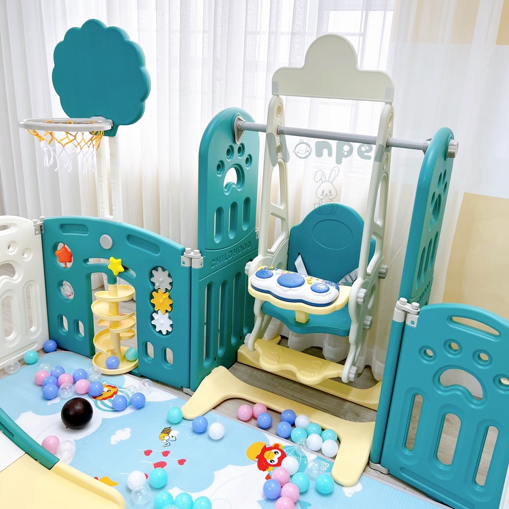 Bộ quây bóng cầu trượt xích đu bóng rổ Honper đầy đủ phụ kiện phân phối chính hãng Bonbon Mart