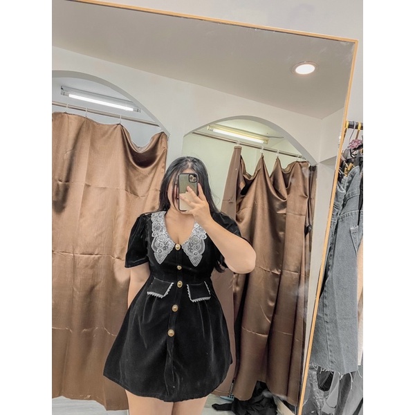 Bigsize  váy nhung phối ren cổ siêu xinh - đầm cổ ren dự tiệc siêu xinh