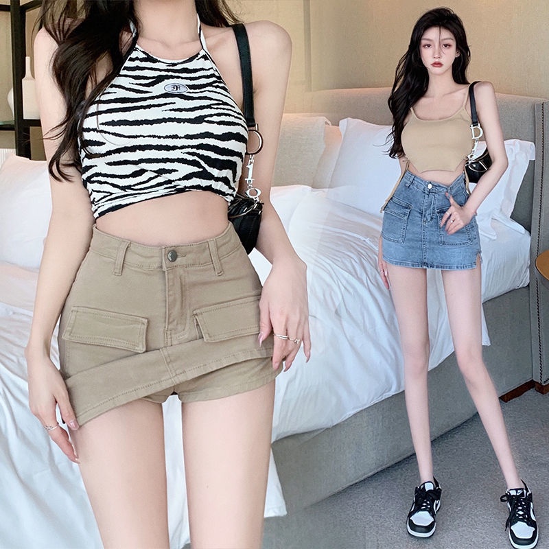 Jiashucheng Chân Váy Denim Ngắn Dáng Chữ a Lưng Cao Phong Cách Mới Cho Nữ
