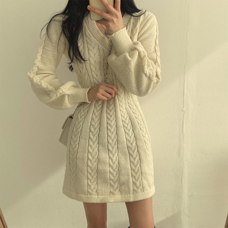 Đầm Sweater Dệt Kim Tay Dài Cổ Chữ V Thời Trang Thu Đông Cho Nữ