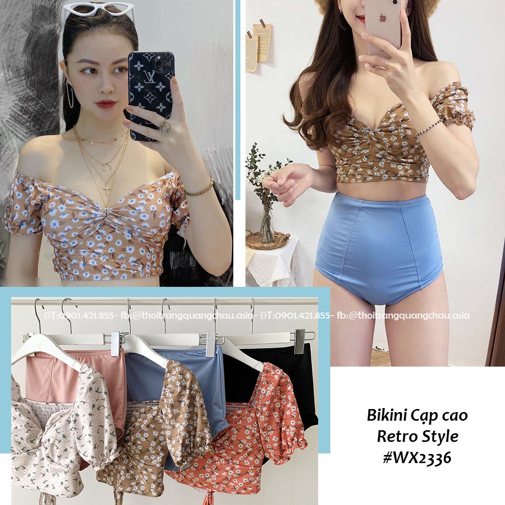 (Hàng Nhập) Bikini Retro 2 mảnh, Áo tay bo-quần cạp cao che bụng #WX2336