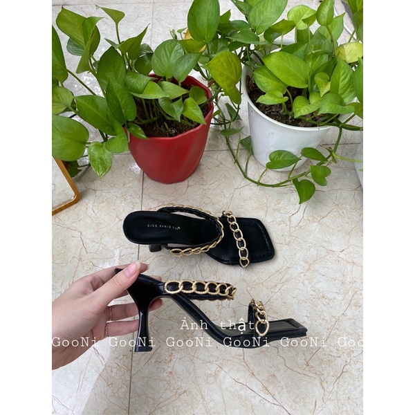 Guốc cao gót đế nhọn quai ngang mix xích vàng, bạc hottrend thời trang dành cho nữ
