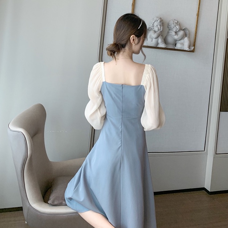 Đầm chiết eo Perty màu xanh lam phong cách Hàn Quốc thời trang mùa hè cho nữ