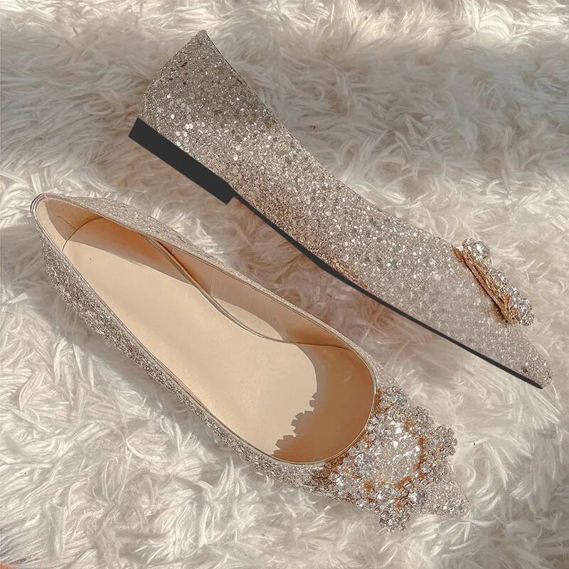 Rhinestone Flats Giày Búp Bê Mũi Nhọn Đính Đá Kim Sa Màu Trắng Miệng Nông Cho Nữ