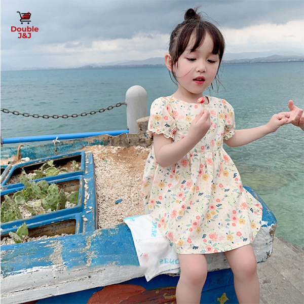 Đầm Công Chúa Tay Ngắn Bằng Vải bông In Hoa Cho Bé Gái 1-8 Tuổi