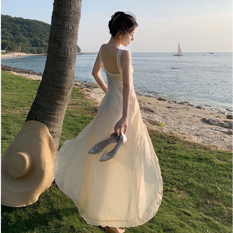 Đầm Hai Dây Cổ Chữ V Phối Bèo Xẻ Tà Thời Trang Cao Cấp Cho Nữ