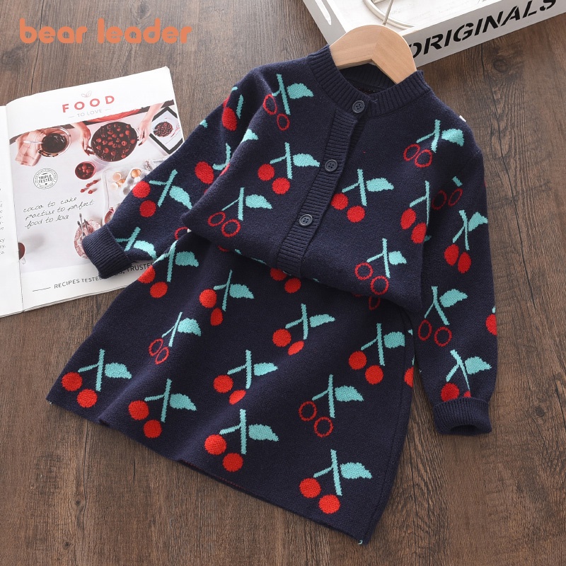 BEAR LEADER Đầm Dệt Kim Vải Cotton Mềm Mại In Họa Tiết Cherry Thời Trang Thu Đông Xinh Xắn Cho Bé Gái