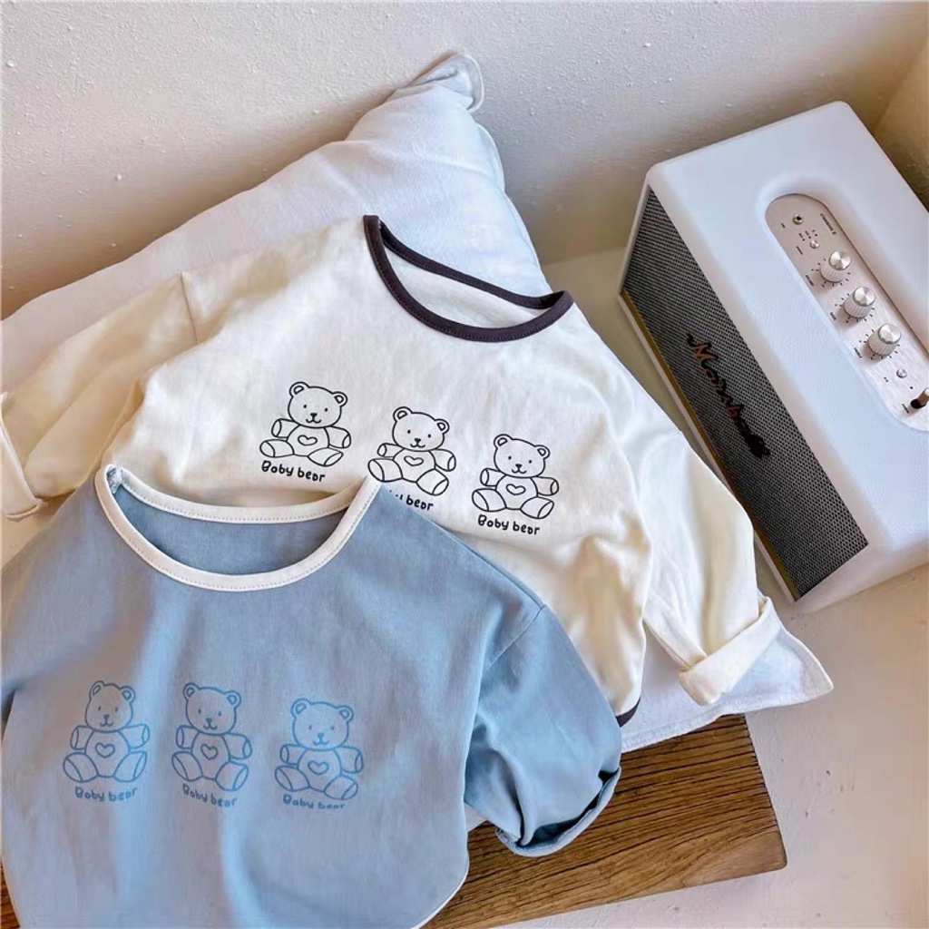 Áo thun cotton 100% tay dài in hình gấu thời trang Hàn Quốc mùa xuân thu 2021 cho trẻ em