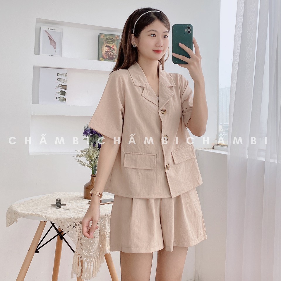 Set Áo Sơ Mi Cổ Vest Cộc Tay Trơn Ba Cúc Dọc Thân Và Quần Short Giả Váy Cực Xinh - S.040