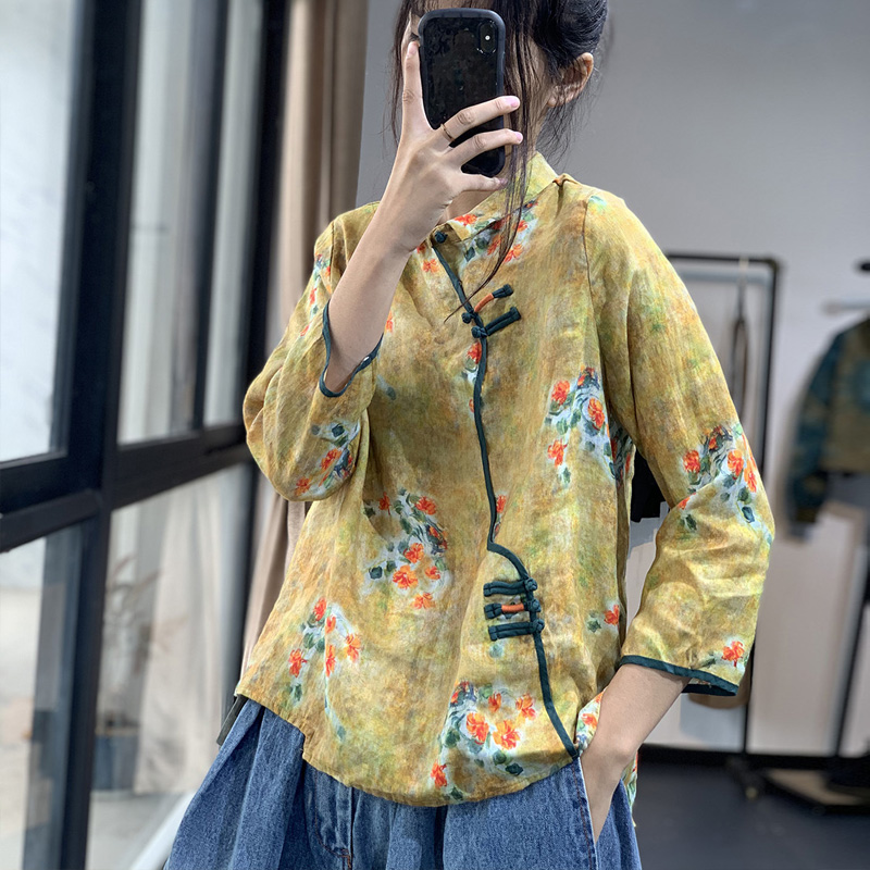 Áo sơ mi nữ dài tay dáng rộng vải linen in hoa quần áo chữ Quốc phong cách Văn Học mùa thu