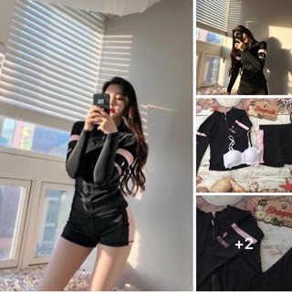 Bikini đồ bơi tay dài kín đáo Qc đen phối hồng