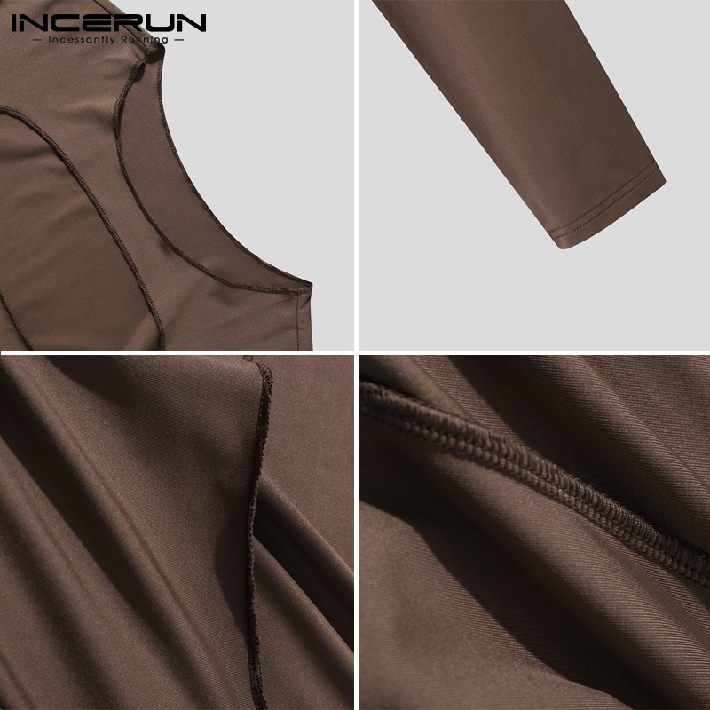 Áo thun INCERUN dáng ngắn co giãn khoét lỗ tay dài màu trơn đi chơi dành cho nam