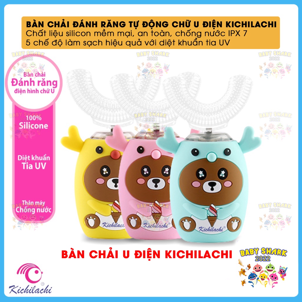 Bàn chải đánh răng chữ U điện KICHILACHI chính hãng cho bé 2 tuổi đến 9 tuổi có sạc điện