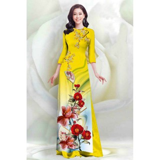 SÉT ÁO DÀI LỤA TRUYỀN THỐNG IN HOA SỨ QUẠT 4D