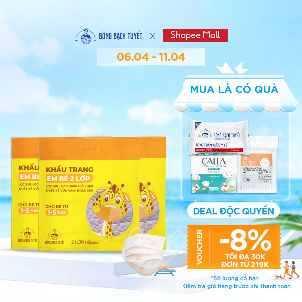 Combo 3 Gói Khẩu trang Bông Bạch Tuyết Trẻ Em bé 2 lớp cho trẻ từ 1 - 5 tuổi (8 cái/gói)