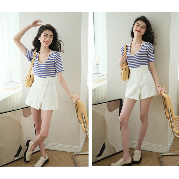 Áo Dệt Kim Ngắn Tay Họa Tiết Kẻ Sọc Phong Cách Pháp Mới