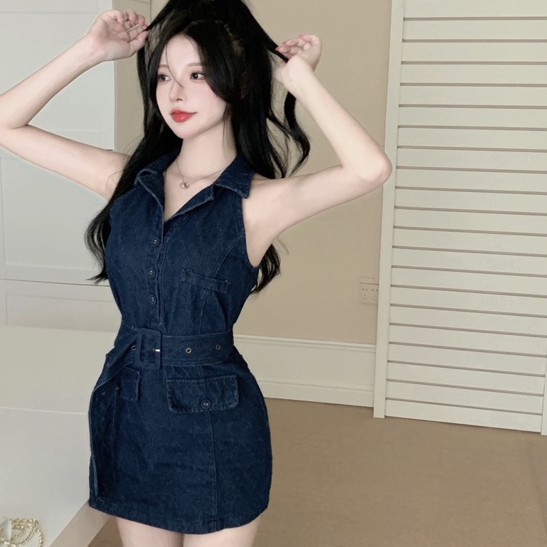 Đầm Denim Không Tay Cổ Bẻ Phong Cách Hàn Quốc Thời Trang Mùa Hè Mới Cho Nữ