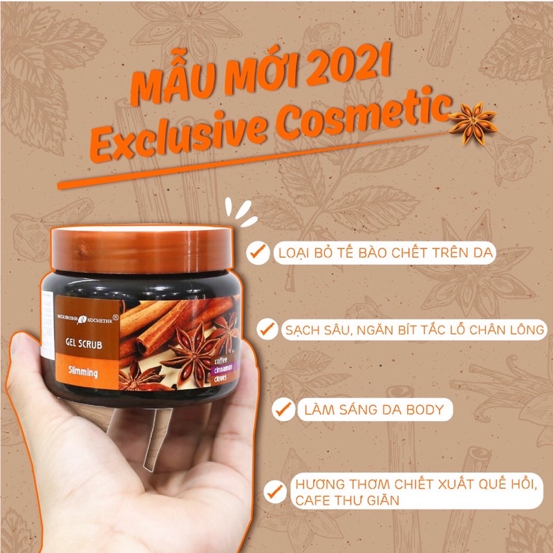 Tẩy tế bào chết body quế hồi cafe Exclusive Cosmetic Gel Scrub Coffee Cinnamon Cloves 380gi