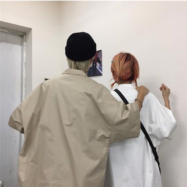 Áo Sơ Mi Dáng Rộng Phối Túi Lớn Màu Trơn Thời Trang Harajuku Cá Tính Cho Nam Và Nữ