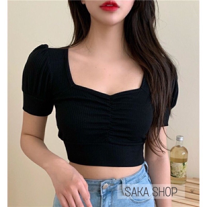 Áo croptop nữ kiểu tay ngắn nhún ngực bo eo viền tay dễ thương
