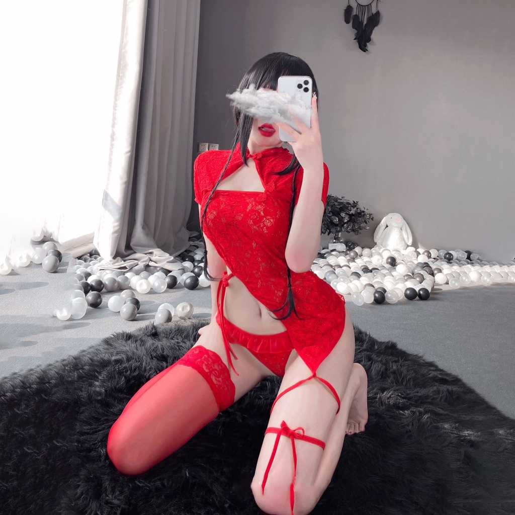 Đồ ngủ sexy QUENQUEN đồ ngủ nữ cosplay sexy sườn xám hoa văn màu trắng freesize a5