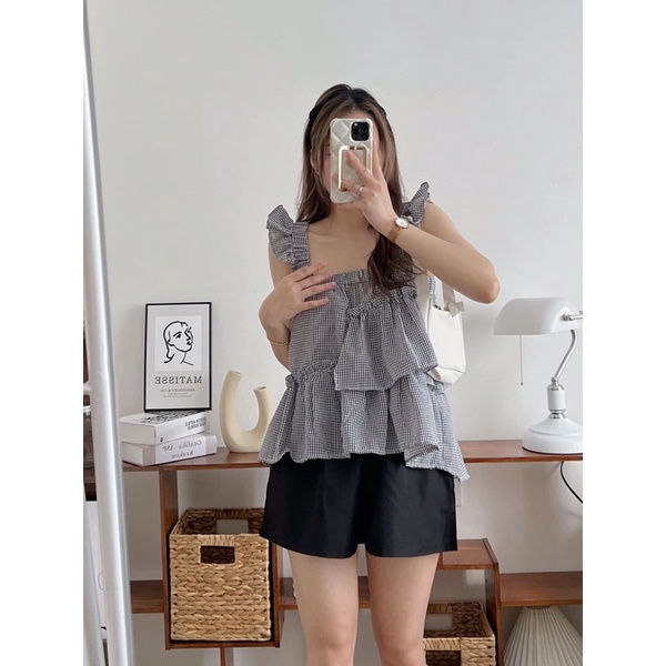 [Ảnh thật/Video] Set babydoll kẻ 058 Mới gồm áo 2s bản to và quần đen xinh xắn