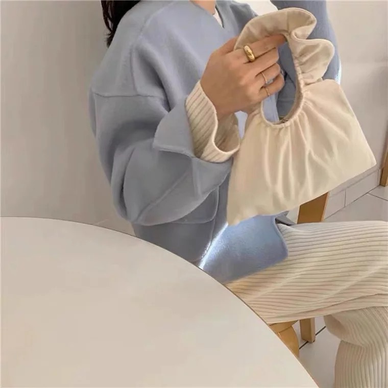 Túi xách vải bạt phối xếp ly thời trang Hàn Quốc đáng yêu