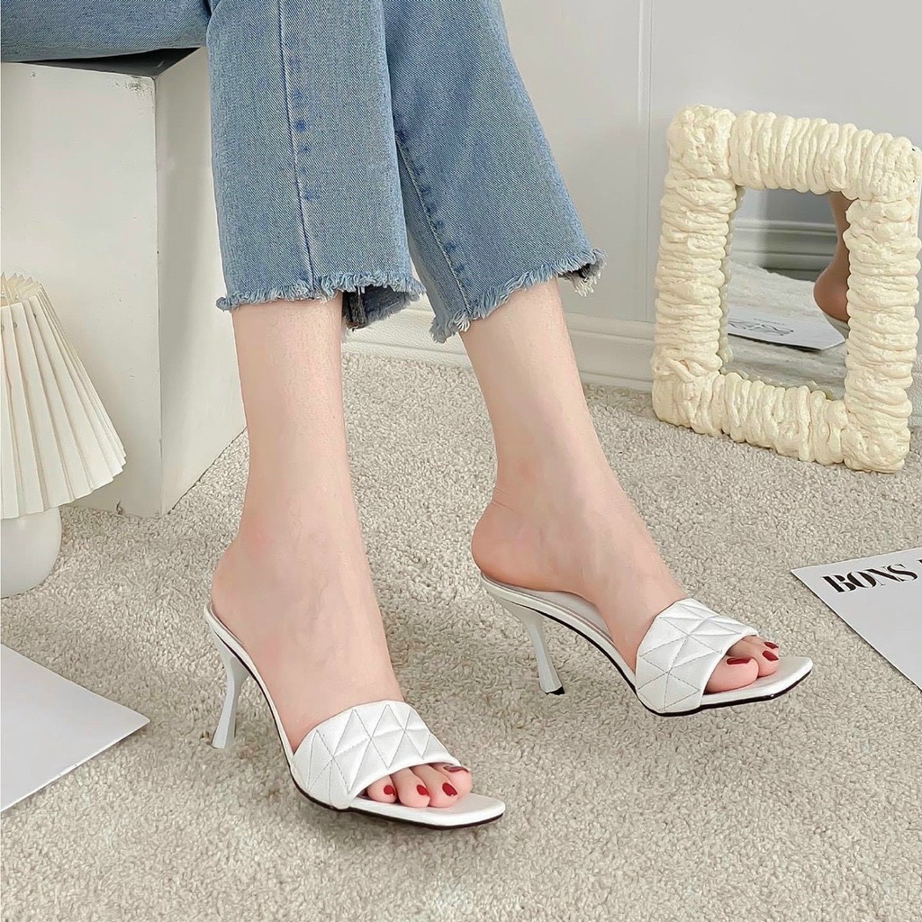 Guốc da mịn quai ngang bản to trần chỉ kẻ ô chéo gót đũa - 7P