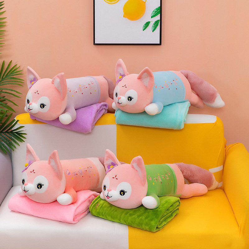 Chăn gối gấu bông hình thú, bộ chăn gối văn phòng hình thú nhồi bông 2 trong 1, gối kèm mền hình cáo đuôi dài