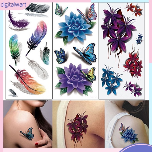 Set 2 hình xăm dán họa tiết hoa/bướm 3D dùng trang trí thủ công