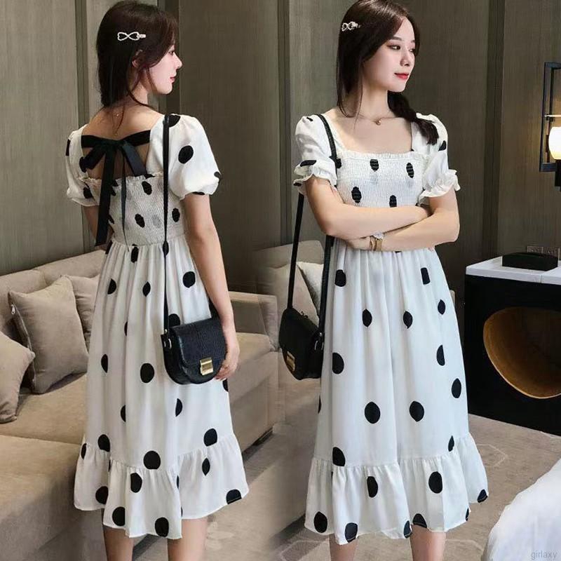 Đầm Tay Ngắn Phối Nơ Phong Cách Bohemian Hàn Quốc