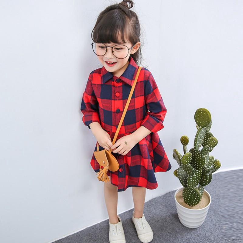 Đầm sơ mi sọc caro đỏ cho bé gái