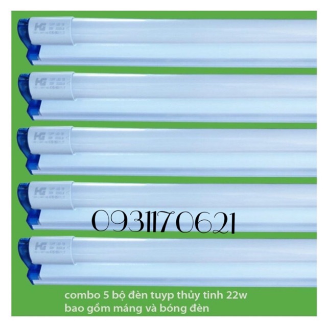 Bộ 5 Đèn Led Tuýp Thủy Tinh HG 22W 1,2m Ánh Sáng Trắng Và Máng Đèn Nắp Rời 1M2