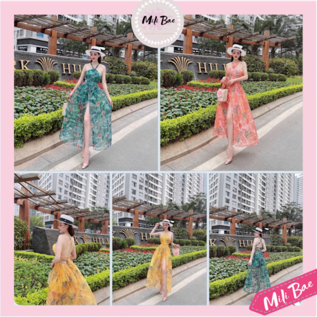 Váy Maxi Yếm Xẻ Tà Đan Dây Lưng Họa Tiết Hoa Nhí Chất Tơ Lụa, Váy Đi Biển Chất Đẹp Lên Form Cực Đỉnh Mili Bae Store