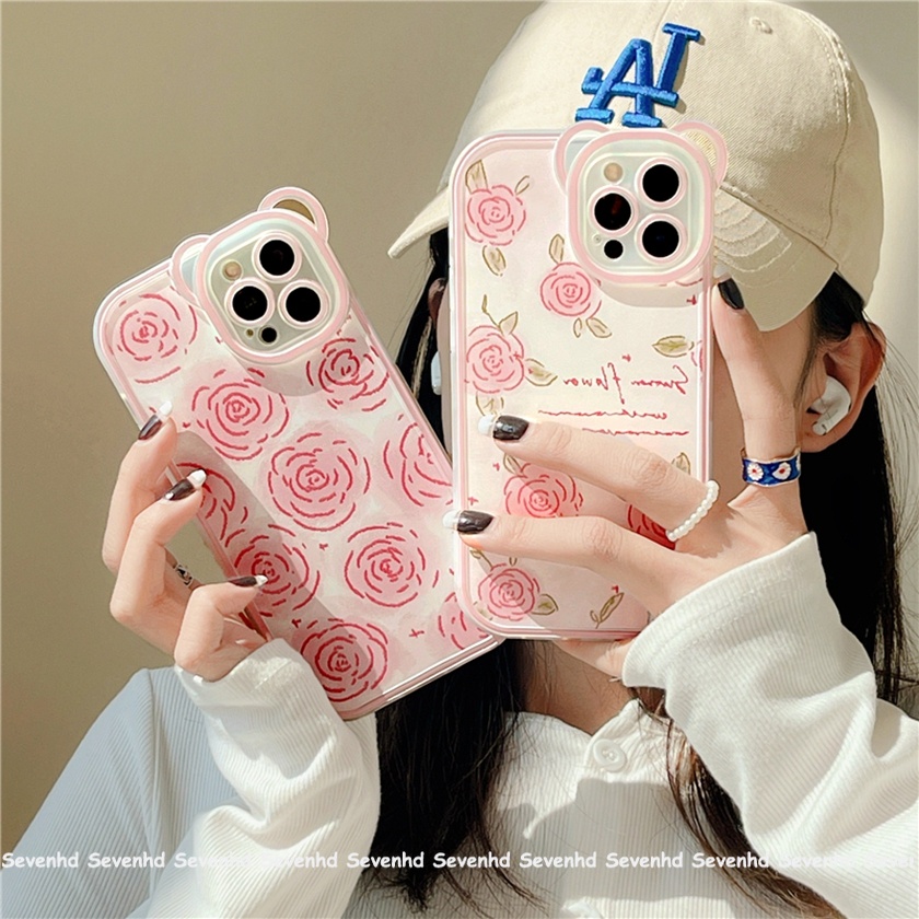 Ốp Điện Thoại Dẻo Họa Tiết Hoa / Tai Gấu Hồng Xinh Xắn Cho iPhone 14 13 12 11 Pro Max Xs Max Xr X 6 6s Plus