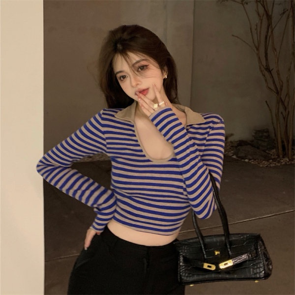QKOOLE  Áo thun ôm dáng tay dài họa tiết kẻ sọc phong cách Hàn Quốc thời trang dành cho nữ