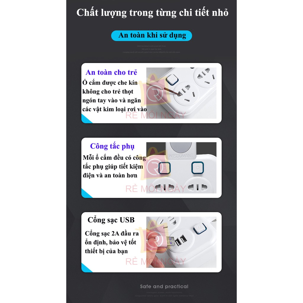 Ổ cắm điện đa năng thêm 3 ổ cắm, 2 cổng USB và đèn ngủ