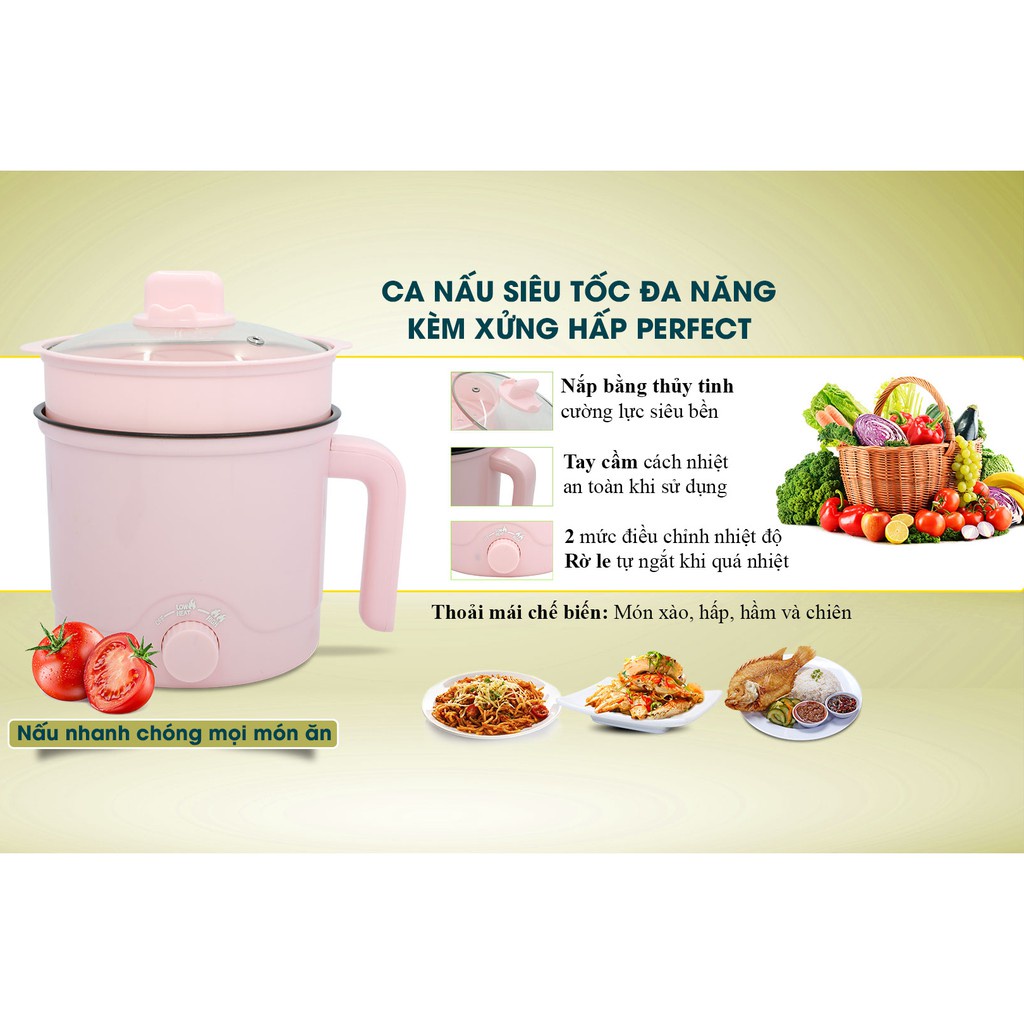 Nồi Lẩu Mini - Ca Nấu Mì Siêu Tốc Đa Năng Perfect PF-M3 1.5L 2 Nấc Nhiệt Nấu Lẩu, Nấu Mì, Hấp,... (Bảo Hành 6 Tháng)