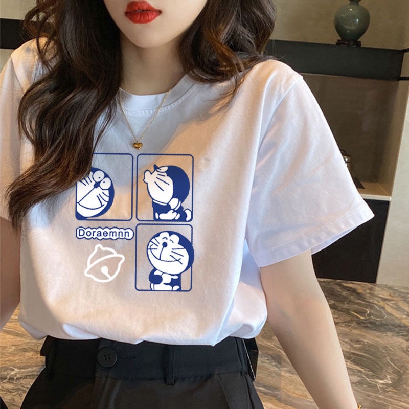 Áo Thun cotton Tay Lỡ Form Rộng In Hình Doraemon Thời Trang Cho Nữ