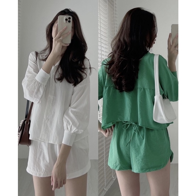 [HÀNG SẴN]SET ÁO THÔ ĐŨI CROPTOP DÂY LƯNG MIX QUẦN SOOC ỐNG RỘNG 214 SIÊU XINH