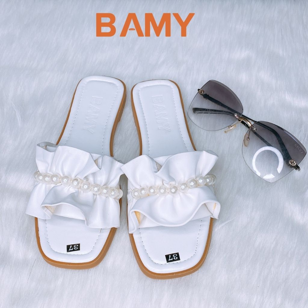 Dép lê nữ nhún nơ bèo đính ngọc châu, dép ulzzang phong cách tiểu thư đi biển, đi chơi cute - BaMy Shoes