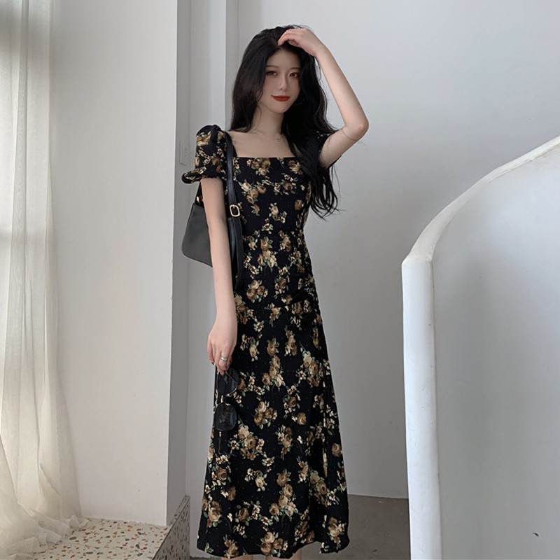 (ORDER) Váy hoa cổ vuông dáng dài xẻ tà cao lộ đùi ôm body tôn dáng gợi cảm style Hong Kong (HÀNG MỚI 2020)_