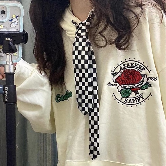 ZHELIHANGFEI Áo Hoodie Tay Dài Thêu Họa Tiết Phong Cách Nhật Bản